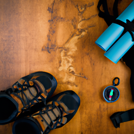 Various hiking equipment such as hiking boots, backpack, and navigation tools.